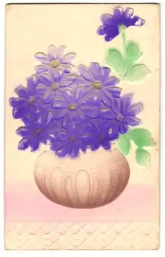 Präge-Airbrush-AK Blaue Blumen in einer Vase