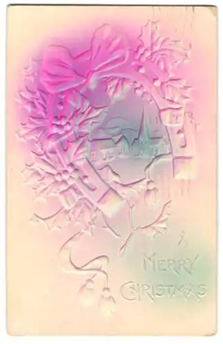 Präge-Airbrush-AK Dorfidyll mit Kirche