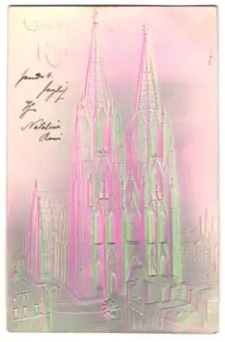 Präge-Airbrush-AK Köln, Partie am Dom