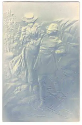 Präge-Airbrush-AK Elegantes Paar beim Wandern