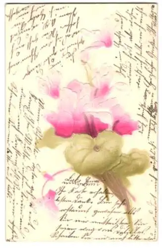 Präge-Airbrush-AK Rosa Blumen mit Blättern