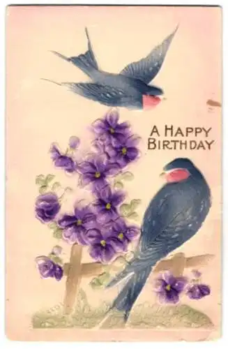 Präge-Airbrush-AK Schwalben und Blumen