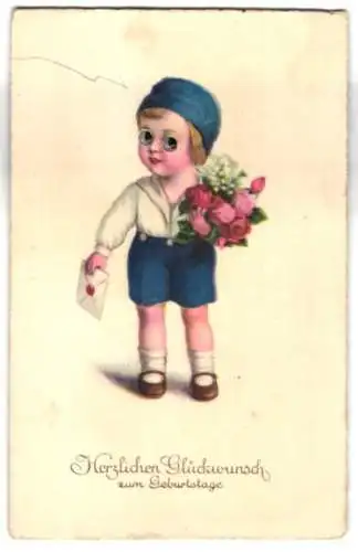 Glasaugen-AK Kind mit Brief und Blumenstrauss