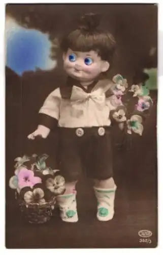 Glasaugen-AK Kind mit Blumen und blauen Augen
