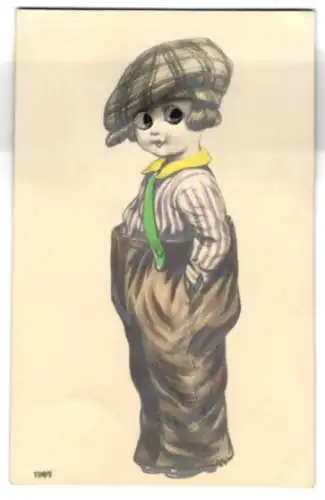 Glasaugen-AK Kind spielt Verkleiden mit Hut und zu grossen Hosen