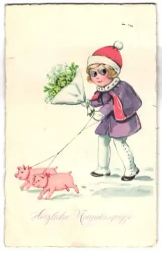Glasaugen-AK Neujahrsgrüsse, Kind mit zwei Schweinen an der Leine