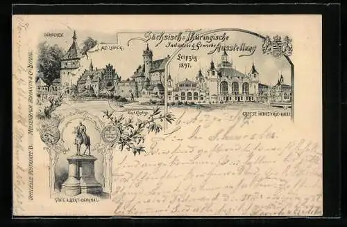 Lithographie Leipzig, Sächsisch-Thüringische Industrie- & Gewerbe-Ausstellung 1897, Dörfchen, Industrie-Halle