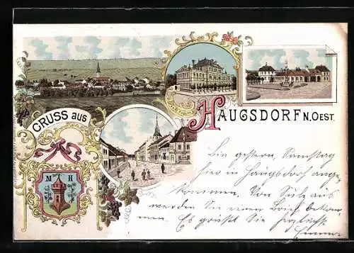 Lithographie Haugsdorf, Strassenpartien, Ortsansicht, Wappen