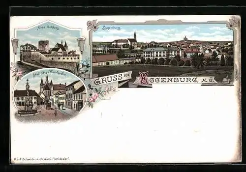 Lithographie Eggenburg, Altes Schloss, Stadtplatz und Pfarrkirche, Ortsansicht