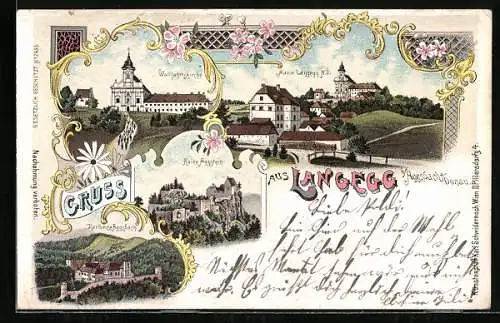 Lithographie Bergern im Dunkelsteinerwald, Maria Langegg, Wallfahrtskirche, Maria Langegg, Ruine Aggstein