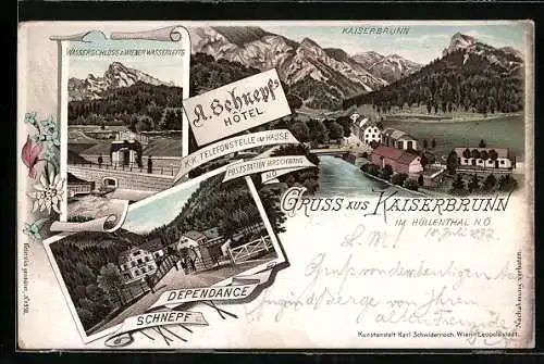 Lithographie Kaiserbrunn i. Höllenthal, A. Schnepf`s Hotel, Wasserschloss der Wiener Wasserleitung, Ortsansicht