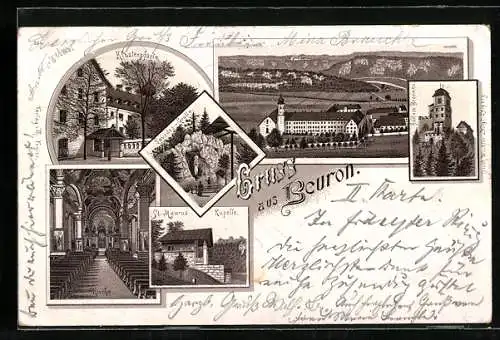 Vorläufer-Lithographie Beuron, 1895, Klosterplatz, Lourdes-Grotte, Kirche, St. Maurus Kapelle und Schloss Bronnen