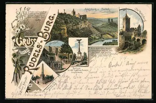 Vorläufer-Lithographie Saaleck, 1894, Rudelsburg, Denkmal der 1870-71 gefallenen Deutschen Corpsstudenten