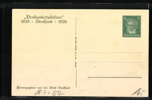 Künstler-AK Stralsund, Dreihundertjahrfeier 1928, Belagerung der Stadt 1628, Ganzsache