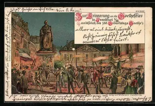 Lithographie Frankfurt /Main, 150. Goethefeier am Goethe-Denkmal