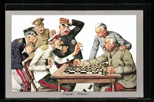 Künstler-AK von Zacine, Schach, Hindenburg spielt m. russi. Heerführer Schach