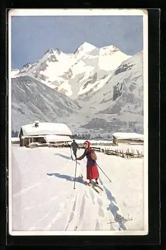 Künstler-AK Carlo Pellegrini: Paar bei einer Skiwanderung in den Bergen