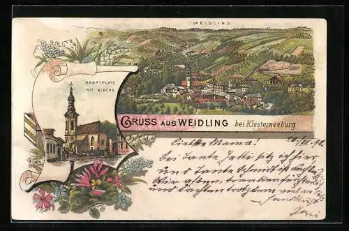 Lithographie Weidling /Klosterneuburg, Hauptplatz mit Kirche, Gesamtansicht, Blumen