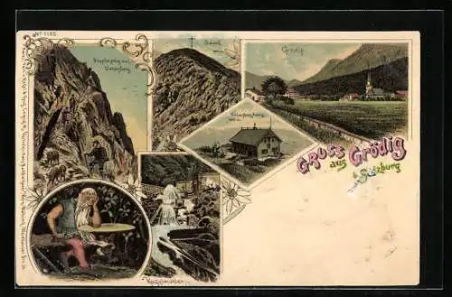 Lithographie Grödig /Salzburg, Kugelmühlen, Figur mit Schwert u. langem Bart, Untersberghaus, Ortsansicht