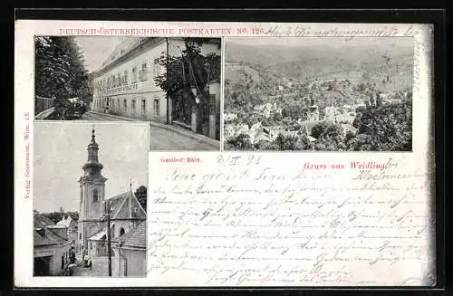 AK Weidling, Gasthof Rain, Kirche mit Umgebung, Totalansicht