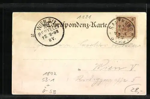 Vorläufer-Lithographie Salzburg, 1892, Elektrischer Aufzug nach Hohensalzburg