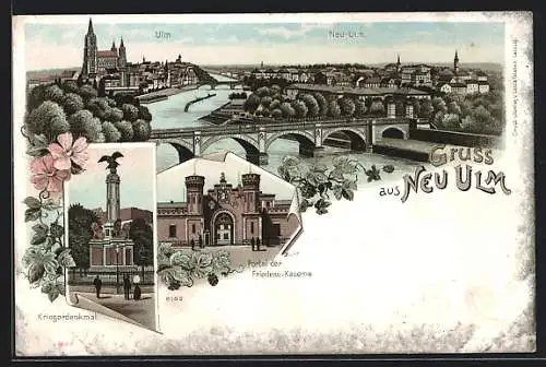 Lithographie Neu-Ulm, Panorama, Kriegerdenkmal, Friedens-Kaserne