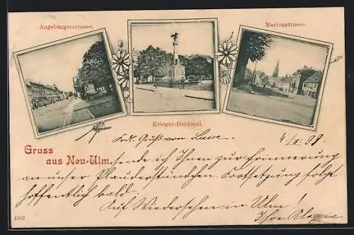 AK Neu-Ulm, Augsburgerstrasse, Marienstrasse, Kriegerdenkmal