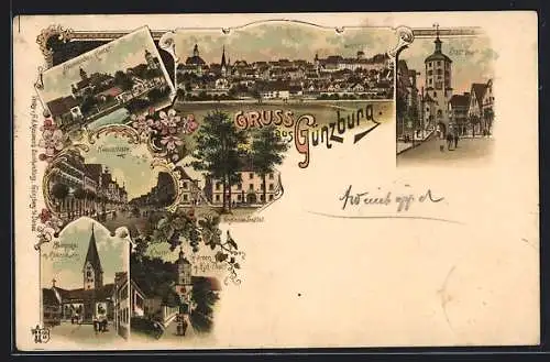 Lithographie Günzburg, Hauptstrasse, Frauenkirche und Kloster, Englisches Institut