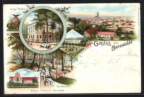 Lithographie Eberswalde, Hotel Gesundbrunnen, Kloster Chorin, Der Wasserfall