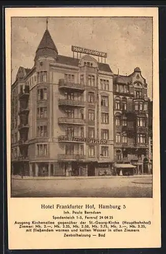 AK Hamburg-St.Georg, Hotel Frakfurter Hof, Spadenteich 1-3