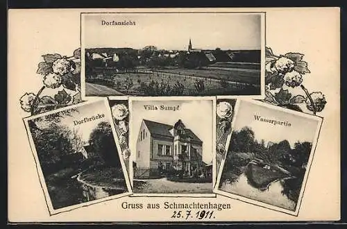 AK Schmachtenhagen, Dorfansicht, Blick auf Dorfbrücke, Hotel Villa Sumpf und Wasserpartie
