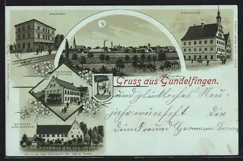 Mondschein-Lithographie Gundelfingen / Bayern, Geschäftshaus Schlienz, Schloss Schlachteck, Bahnhof