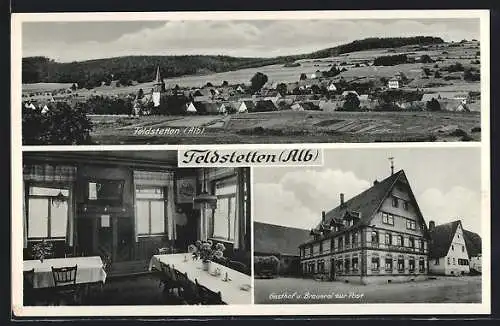 AK Feldstetten /Alb, Ortsansicht aus der Vogelschau, Gasthof u. Brauerei zur Post, Bes. Karl Autenrieth