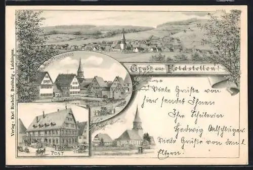 Künstler-AK Feldstetten, Rathaus und Schulhaus, Post, Kirche