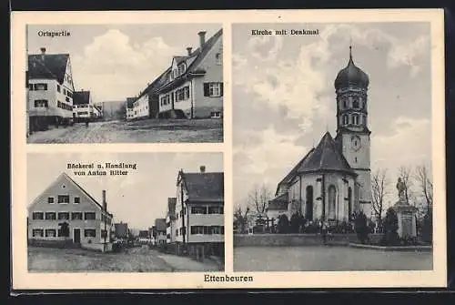 AK Ettenbeuren, Bäckerei und Handlung von Anton Ritter, Kirche mit Denkmal, Ortspartie