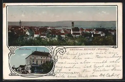 Passepartout-AK Mengen /Württ., Hotel Baier, Ortsansicht aus der Vogelschau