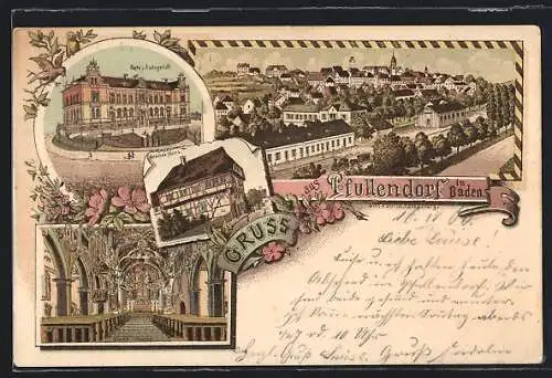 Lithographie Pfullendorf in Baden, Amts- u. Amtsgericht, Ältestes Haus, Kircheninneres