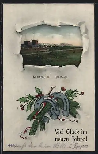 AK Dömitz, Elbbrücke durch zerrissenes Papier, Neujahrsgruss