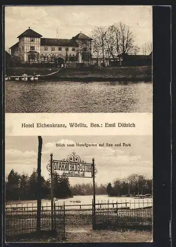 AK Wörlitz, Hotel Eichenkranz, Blick vom Hotelgarten auf See und Park