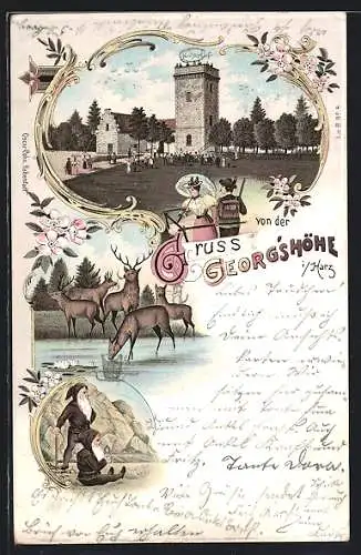 Lithographie Thale, Gasthof und Turm auf der Georgshöhe, Zwerge