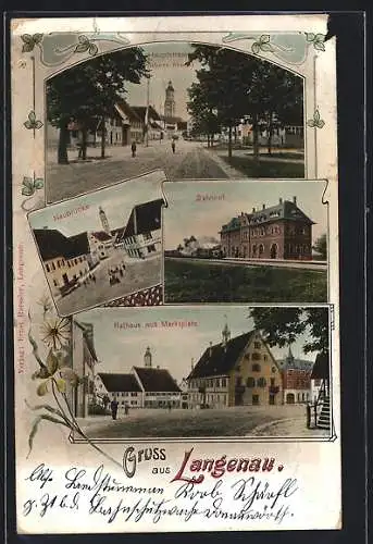 AK Langenau / Württ., Bahnhof, Hauptstrasse, Naubrücke, Rathaus & Marktplatz