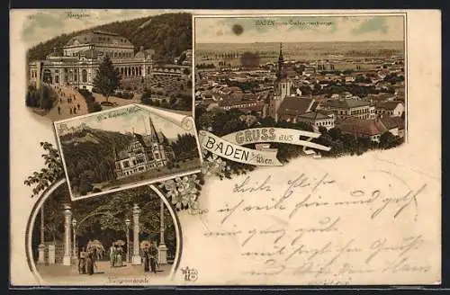 Lithographie Baden bei Wien, Ortsansicht vom Calvarienberg aus, Kursalon, Villa Erzherzog Wilhelm