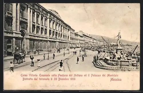 AK Messina, Corso Vittorio Emanuele colla Fontana del Nettuno ed il Palazzo del Municipio