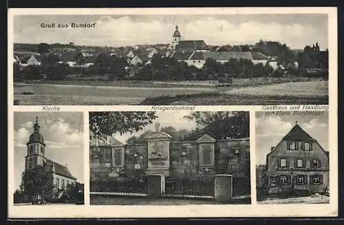 AK Bundorf, Gasthaus und Handlung von Hans Bamberger, Kirche, Kriegerdenkmal