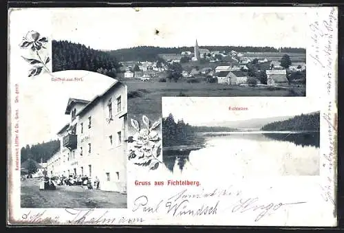 AK Fichtelberg / Ofr., Gasthof zur Post, Fichtelsee und Panorama der Ortschaft