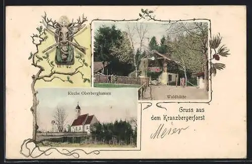 Künstler-AK sign. Hans Pernat: Kranzberg / Freising, Waldhütte im Kranzbergerforst, Kirche Oberberghausen