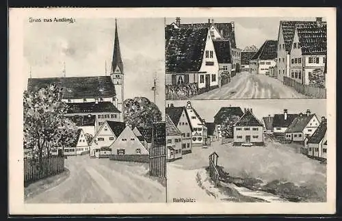 Künstler-AK sign. Hans Pernat: Aindling, Marktplatz, Strassenpartie, Blick zur Kirche