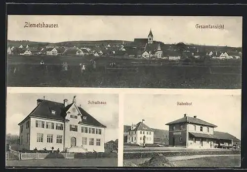 AK Ziemetshausen, Bahnhof, Schulhaus, Ortsansicht