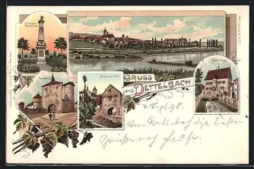 Lithographie Dettelbach a. Main, Brückentor, Rathaus, Kriegerdenkmal