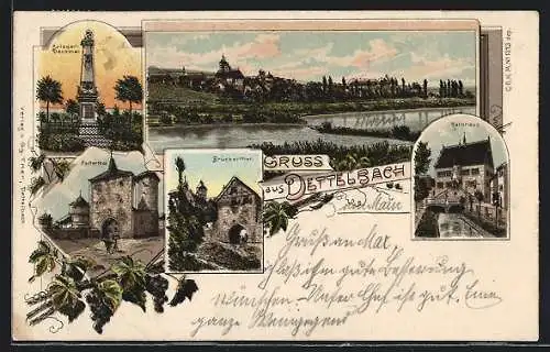 Lithographie Dettelbach, Kriegerdenkmal, Foltertor, Brückertor, Rathaus